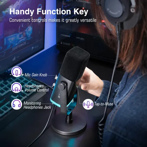 Vista 4 de FIFINE Micrófono XLRUSB y auriculares para videojuegos, grabación de computadora, micrófono de transmisión con botón de silencio, RGB, auriculares