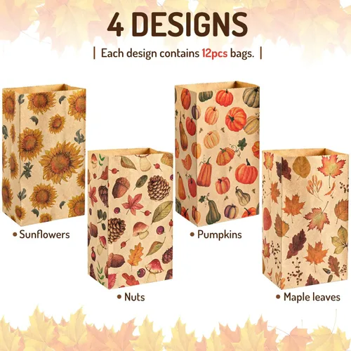 Vista 2 de Whaline 48 bolsas planas de otoño para golosinas, papel kraft, calabazas, hojas de arce, girasoles, nueces, bolsa de regalo para regalos de fiesta