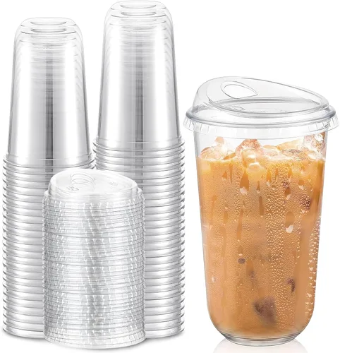 Vista 11 de Ziliny 50 juegos de tazas de café de plástico transparente con tapas para beber, tazas desechables de plástico PET transparente para café helado