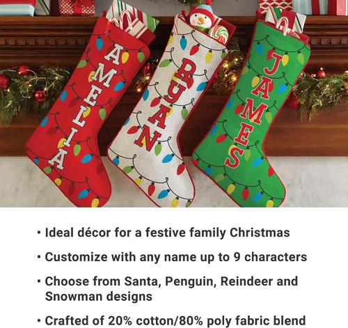 Vista 4 de Let's Make Memories Calcetín de Navidad Personalizado - Personalizado con Tu Nombre - Colores Tradicionales de Fiestas - Calcetines para la Familia