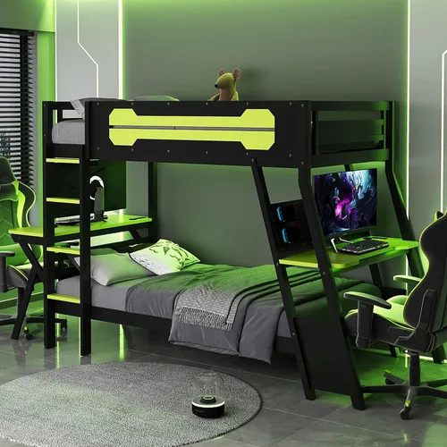 Vista 37 de Cama tipo loft en forma de L tamaño matrimonial e individual con 2 escritorios, tablero de clavijas y cajones de almacenamiento, marco de cama