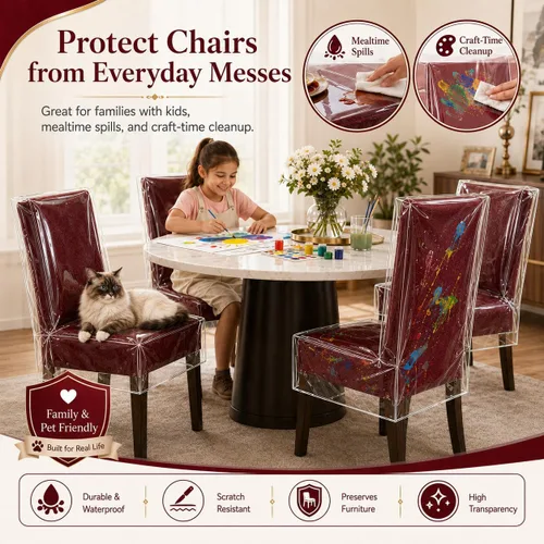 Vista 7 de Paquete de 2 Fundas de Sillas de Plástico, Juego de Fundas Transparentes para Sillas de Comedor, Protector de Asiento Transparente e Impermeable