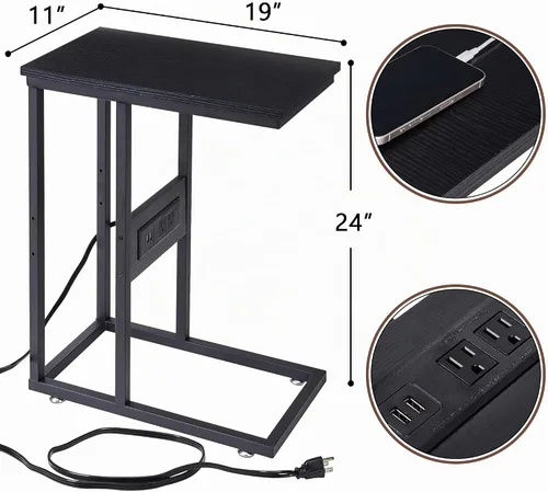 Vista 3 de VECELO Mesa auxiliar en forma de C con estación de carga y 2 puertos USB y salidas para sala de estar, dormitorio, con patas ajustables para sofá