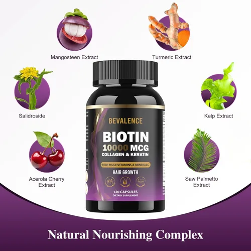 Vista 5 de Biotin 10,000MCG - Apoyo para el crecimiento del cabello para mujeres y hombres con colágeno y queratina, vitaminas para el cabello, la piel