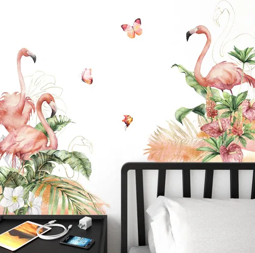 Vista 5 de RW-C328 Calcomanías de pared de flamenco rosa, plantas verdes tropicales, flores, calcomanías de pared para bricolaje, flamenco, floral, mariposa