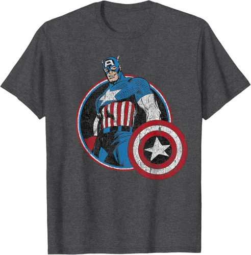Vista 34 de Marvel Avengers Vintage Capitán América Comic Hero Retrato Camiseta Pequeña Negro