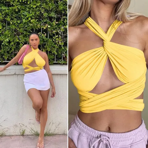 Vista 2 de ZAFUL - Ombliguera cruzada acanalada para mujer camiseta corta sin mangas con diseño fruncido, con lazos y estampado cruzado