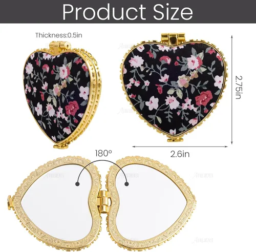 Vista 2 de AUEAR, Paquete de 4 pequeñas flores portátiles espejo de maquillaje retro floral doble cara monedero para viaje cosmético corazón