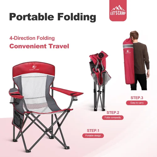 Vista 7 de LET'S CAMP Paquete de 2 sillas de campamento con respaldo de malla, portátil, plegable, resistente, para exteriores, 330 libras, silla de brazo Rojo