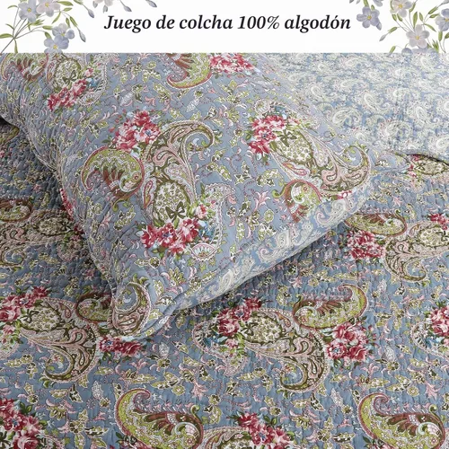 Vista 6 de Cozy Line Home Fashions Juego de ropa de cama acolchada reversible de 3 piezas, 100% algodón, rojo verde, estilo cottage floral francés campestre