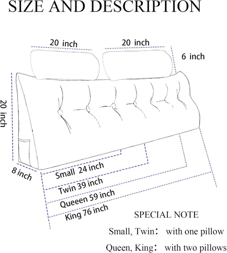 Vista 5 de Almohada de cabecero tamaño twin, con almohada de rollo cervical, con dos grandes bolsillos laterales, funda extraíble, para descanso en cama