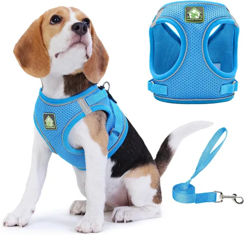 Vista 8 de Arnés para perro con juego de correa, arnés de paso ajustable, suave, acolchado y transpirable para perros de tamaño mediano, arnés de chaleco Rosa