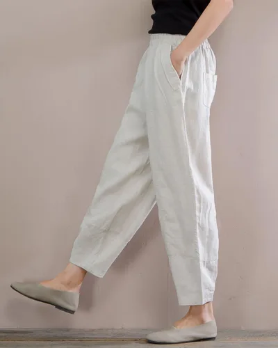 Vista 3 de IXIMO Pantalones 100% lino para mujer, ajuste relajado, farol, recortados, con cintura elástica