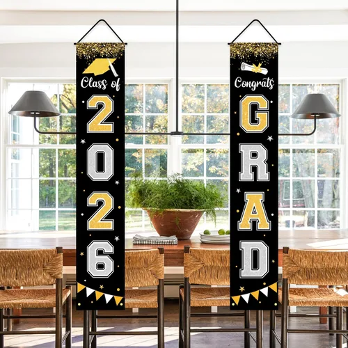Vista 6 de Bandera de decoración de graduación 2025 GRAD Bandera negra para porche y puerta de bienvenida para pared interior y exterior, decoración