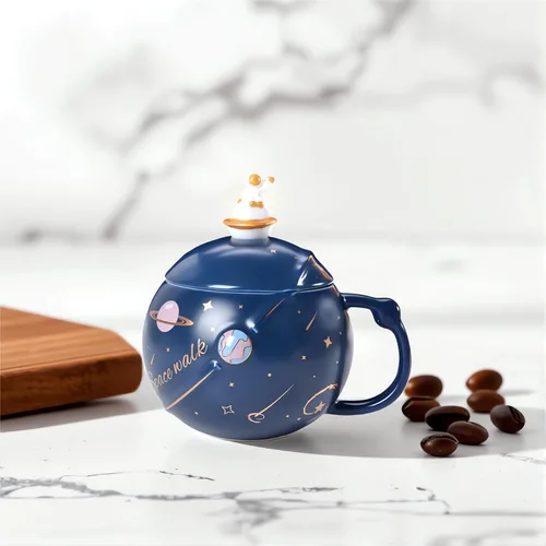 Vista 7 de Taza espacial de cerámica de 13 onzas con tapa y cuchara, taza de café Azul profundo