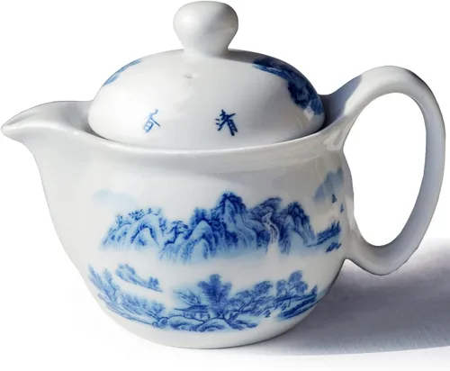 Vista 7 de Tetera 11.8 fl oz Azul y Blanco Flor Porcelana Tetera con Infusor Classic Water Pot (Flores mariposa)