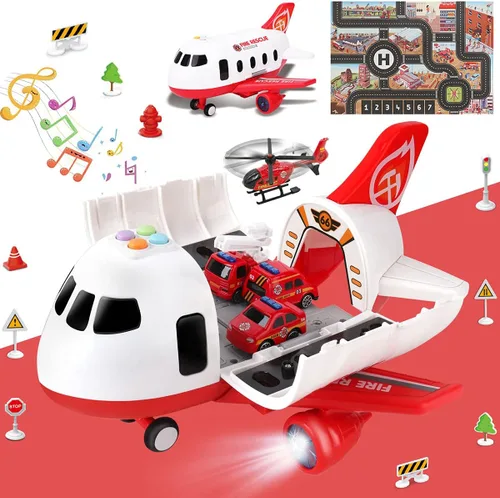 Vista 10 de Dwi Dowellin Juguete de avión rosa con 6 camiones y tapete de juego, avión con luces y sonidos para niños y niñas de 3, 4, 5, 6, 7 años