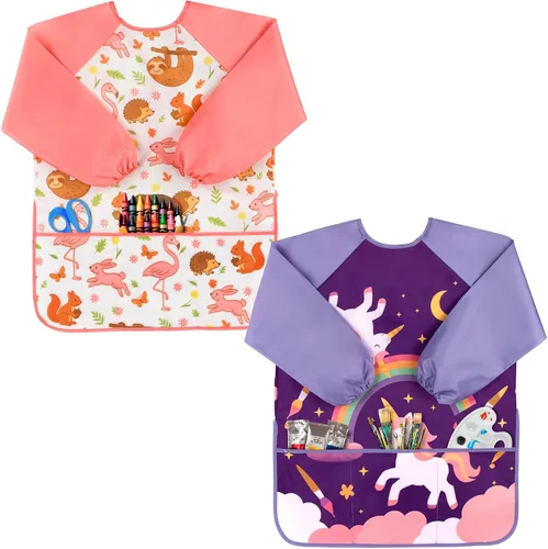 Vista 10 de Oiomniv Delantal de Arte para Niños – Delantal de Pintura de Manga Larga Impermeable con 3 Bolsillos, Delantal Lavable para Niños Pequeños y Niños