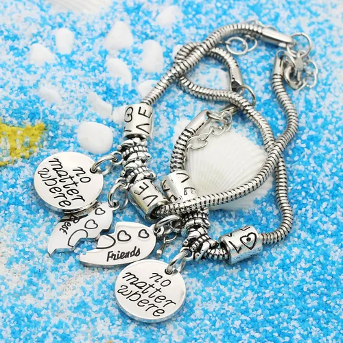 Vista 4 de lauhonmin BBF Best Friends No Matter Where Compass - Juego de 2 pulseras dobles con corazón roto, regalo de amistad