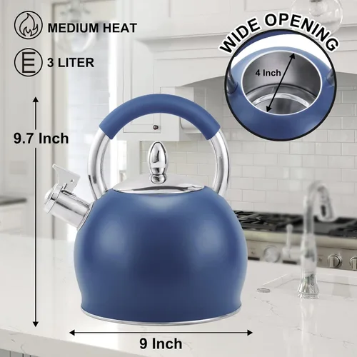 Vista 3 de Tetera silbante para estufa, tetera de acero inoxidable con mango ergonómico de silicona, tetera para estufa, 3.2 cuartos de galón / 3 litros, azul