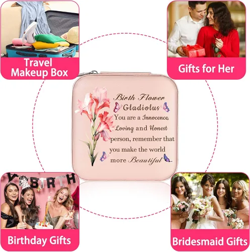 Vista 7 de Joyero de viaje para mujeres y niñas, joyero pequeño con flor de nacimiento, regalos de cumpleaños para hija, nieta, joyero de viaje con espejo