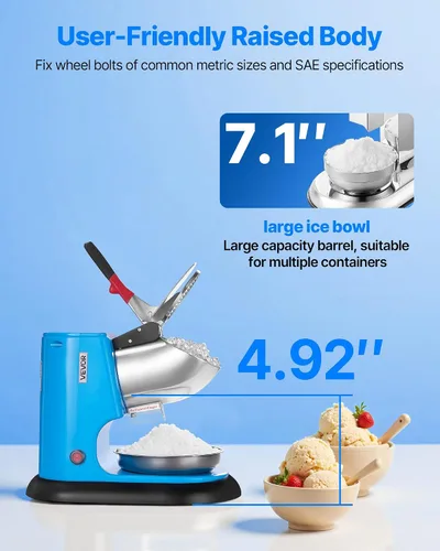 Vista 3 de VEVOR Máquina trituradora de hielo, 220 libras por hora, máquina eléctrica de cono de nieve de 4 cuchillas, máquina de hielo afeitado de acero Azul