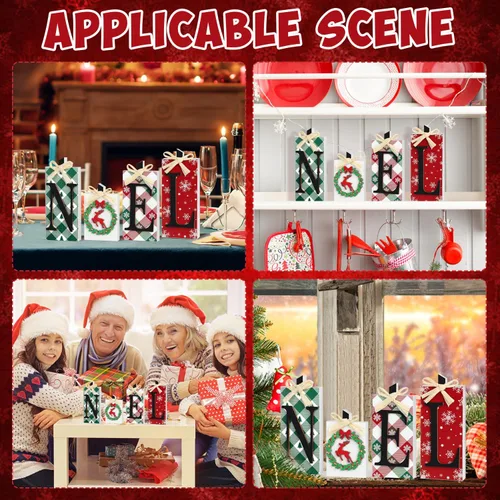Vista 7 de Decoraciones navideñas de madera de Noel, 4 piezas de decoración rústica de mesa de Navidad, mesa independiente de Navidad, mesa de centro de mesa