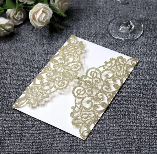 Vista 5 de Wishforyou - 100 tarjetas de invitación de boda con purpurina dorada, 7 x 4.9 pulgadas
