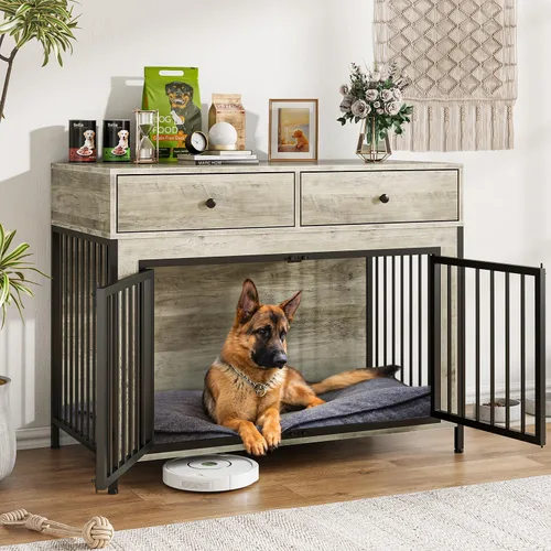 Vista 12 de LEMBERI Mueble de jaula para perros grande de 44 pulgadas, mesa auxiliar de madera para perros con cajones de almacenamiento, jaula decorativa