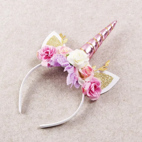 Vista 3 de Nishine Diadema floral de cuerno de unicornio con orejas con purpurina para la cabeza de caballo, para niñas, fiestas, cumpleaños, cosplay