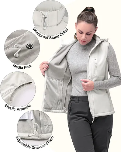 Vista 3 de 33,000ft Chaleco ligero con capucha para mujer, forro polar, resistente al viento, con cremallera, sin mangas, para senderismo, golf, correr