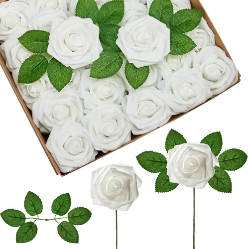 Vista 20 de InnoGear Flores artificiales, paquete de 50 unidades, rosas artificiales de espuma negras con tallos a granel para decoración, ramos de boda DIY
