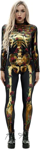 Vista 19 de Disfraz de esqueleto de calavera para Halloween para mujer, overol elástico y ajustado Skull Skeleton Costume Jumpsuits Stretch Skinny Catsuit