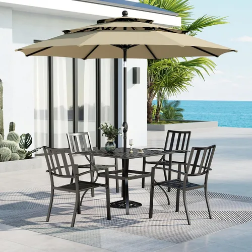 Vista 51 de MFSTUDIO Juego de mesa de comedor para patio al aire libre con paraguas, 4 sillas giratorias y 1 x 37 cuadrado Bistro forjado Iorn Slat mesa grande