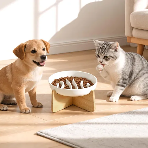 Vista 8 de PETTOM Alimentador lento Cat Bowl de cerámica elevada con soporte de bambú espina de pescado