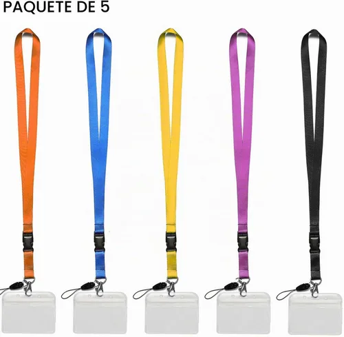 Vista 2 de Paquete de 5 cordones de identificación, portadocumentos, cordón ajustable para cuello, doble gancho 5 colores con soporte de insignia horizontal
