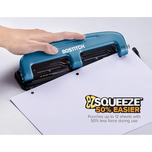 Vista 3 de Bostitch Office EZ Squeeze™ Perforadora de 3 agujeros con esfuerzo reducido, 12 hojas, azul (2103), 12 hojas azul