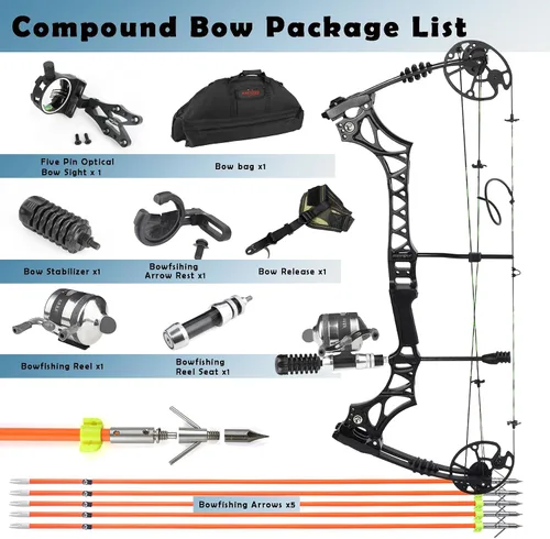 Vista 5 de Kit de arco compuesto de pesca de arco, peso de 30 a 70 libras, ajustable, listo para pescar, con carrete de pesca con arco, flechas de pesca