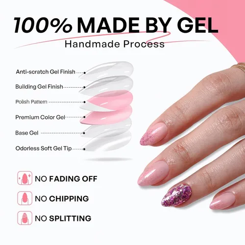 Vista 7 de Uñas cortas a presión de almendra, uñas con purpurina rosa degradado 3H-rosa con purpurina