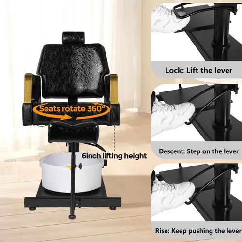 Vista 7 de Silla de pedicura con taburete y baño de pies de masaje, estación de pedicura giratoria de 360°, altura ajustable hidráulica, sin fontanería