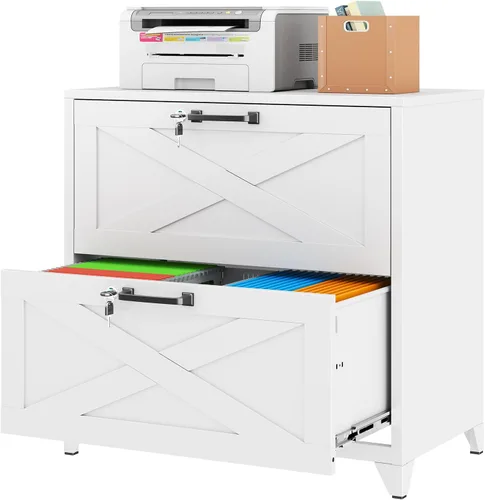 Vista 22 de Archivador de metal con 2 cajones con cerradura, gabinete archivador con soporte para impresora móvil y estantes para archivos de tamaño Negro