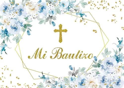 Vista 2 de Mi Bautizo - Telón de fondo para fiesta de bautismo mexicano, 7 x 5 pies, Dios bendiga la primera comunión, fondo azul flor niño bautismo banner