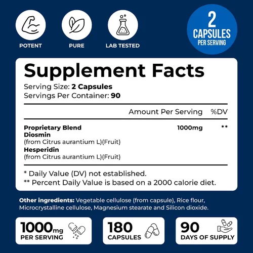 Vista 5 de We Like Vitamins Diosmina Hesperidina 1000 mg – 180 cápsulas – Suministro para 90 días – Suplemento de diosmina y hesperidina – Ayuda a apoyar