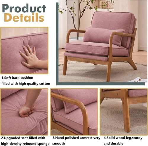 Vista 3 de Silla decorativa para sala de estar, sillón tapizado moderno de mediados de siglo con almohada, sillón de lectura, cómoda silla decorativa