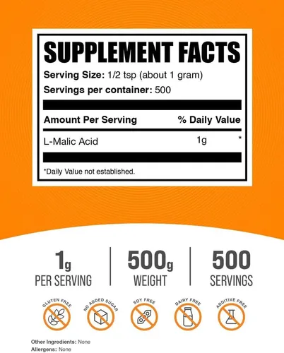 Vista 2 de BulkSupplements. com Polvo de ácido málico, ácido L-málico, suplemento dietético, grado alimenticio, puro y sin gluten, 0.04 oz por porción, 17.64