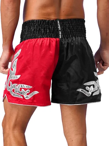 Vista 4 de QinCiao Pantalones cortos de boxeo Muay Thai para hombre, pantalones cortos de kickboxing, artes marciales, entrenamiento, gimnasio, entrenamiento