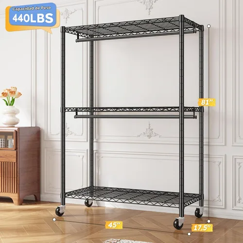 Vista 7 de Raybee Perchero de ropa de 45 pulgadas de ancho para colgar ropa, perchero con ruedas y pies ajustables, carga máxima de 440 libras, color negro