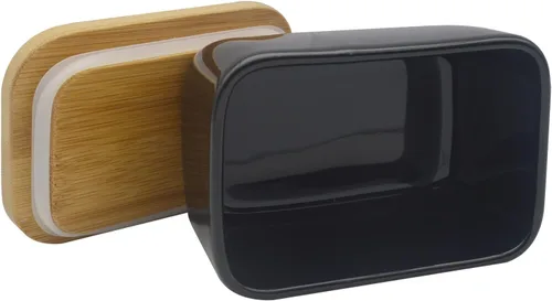 Vista 7 de Mantequillera con tapa, recipiente de porcelana con tapa de madera para mantequilla, apto para microondas, contenedor de almacenamiento