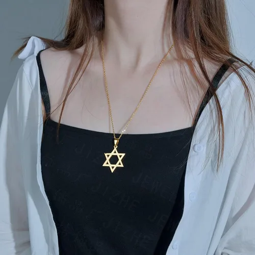 Vista 6 de JAVARNV Collar de estrella de David para mujer, collar con colgante hexagonal de plata, collar de estrella judía, collar de Magen David, joyería