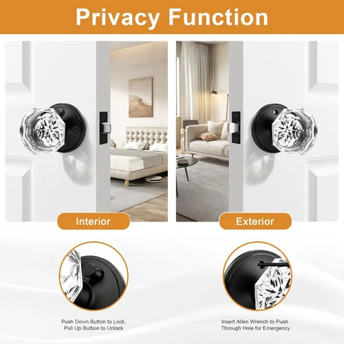 Vista 4 de Gobrico Pomo de puerta de cristal para dormitorio y baño con roseta clásica negro mate, diamante transparente octogonal para puerta interior, 1